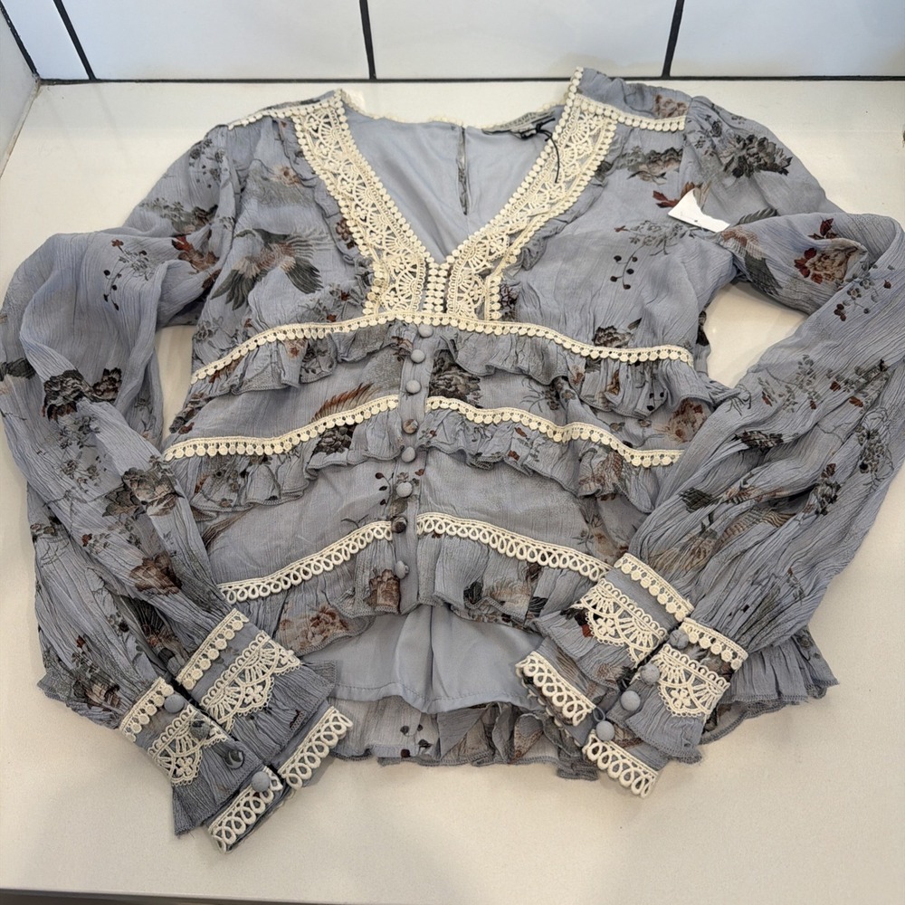 ALL SAINTS Zora Floral Ruffled Top Women's Size US 4 Origin Blue Bird NEW!